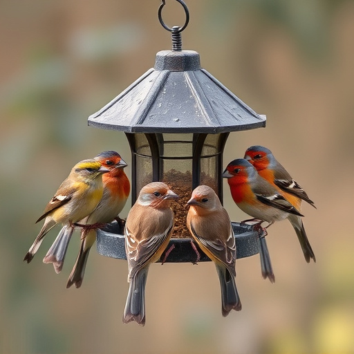 Wild birds gathered around small feeder