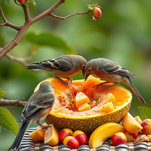 Wild birds pecking at chopped fruit