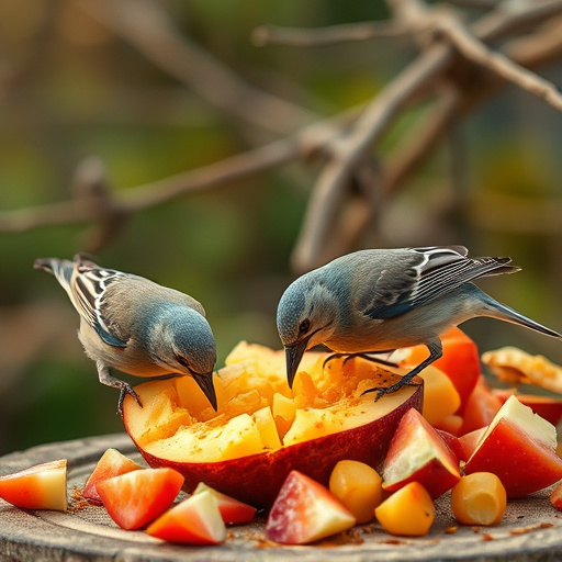 Wild birds pecking at chopped fruit
