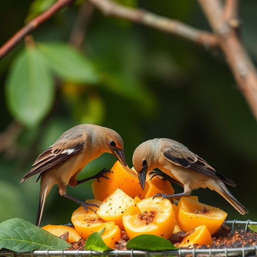 Wild birds pecking at chopped fruit