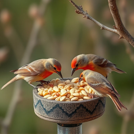 Wild birds pecking at fresh seeds