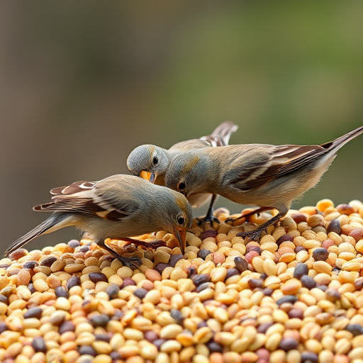 Wild birds pecking at fresh seeds
