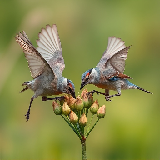 Wild birds pecking at fresh seeds