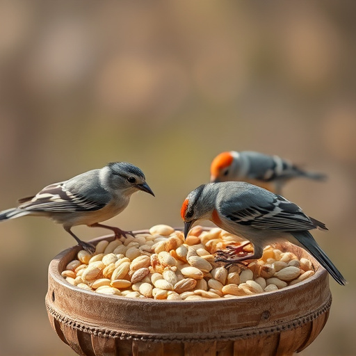 Wild birds pecking at fresh seeds