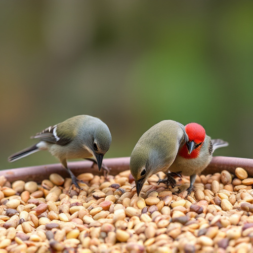 Wild birds pecking at fresh seeds
