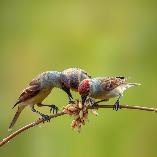 Wild birds pecking at fresh seeds