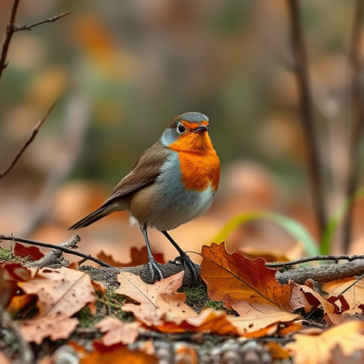 Wild robin in woodland during autumn