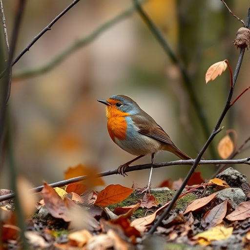 Wild robin in woodland during autumn