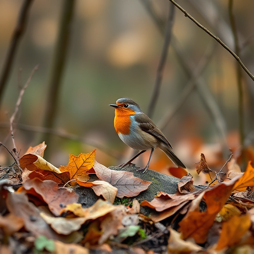 Wild robin in woodland during autumn