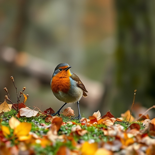 Wild robin in woodland during autumn