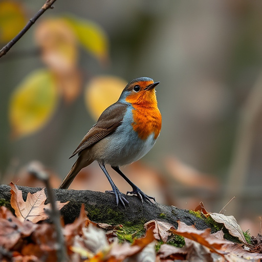 Wild robin in woodland during autumn