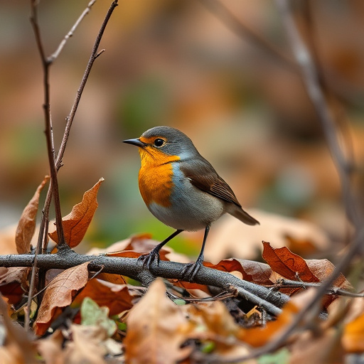 Wild robin in woodland during autumn