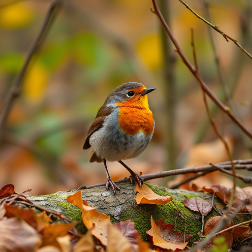 Wild robin in woodland during autumn
