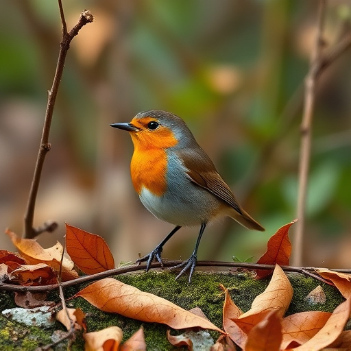 Wild robin in woodland during autumn