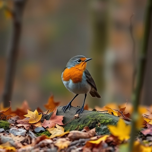 Wild robin in woodland during autumn