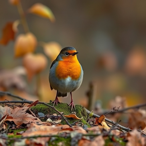 Wild robin in woodland during autumn
