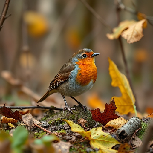 Wild robin in woodland during autumn