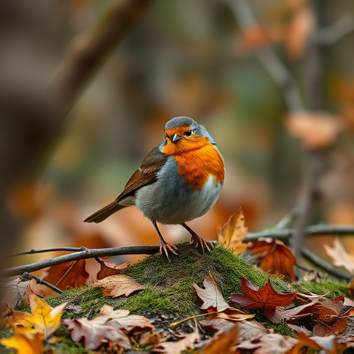 Wild robin in woodland during autumn