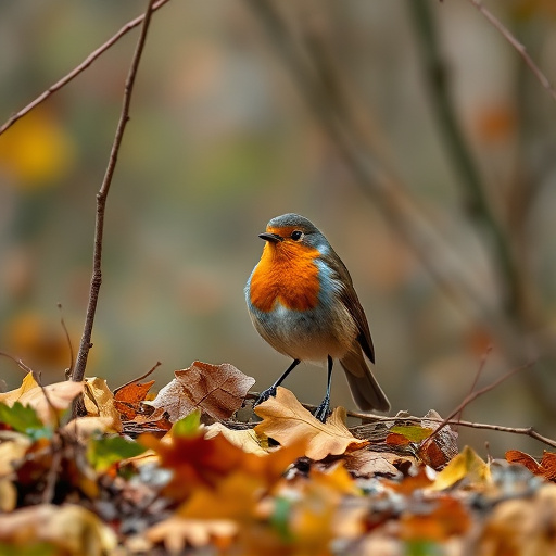Wild robin in woodland during autumn