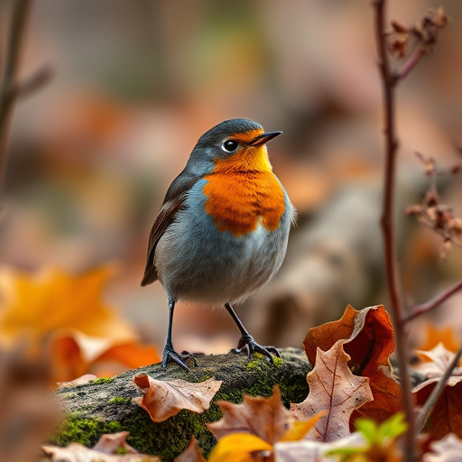 Wild robin in woodland during autumn