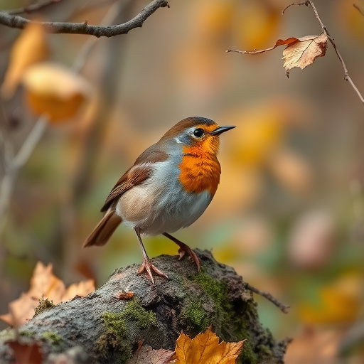 Wild robin in woodland during autumn