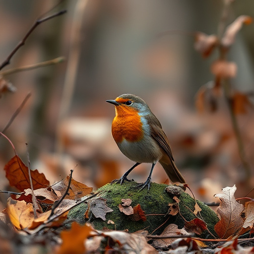 Wild robin in woodland during autumn