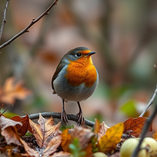 Wild robin in woodland during autumn