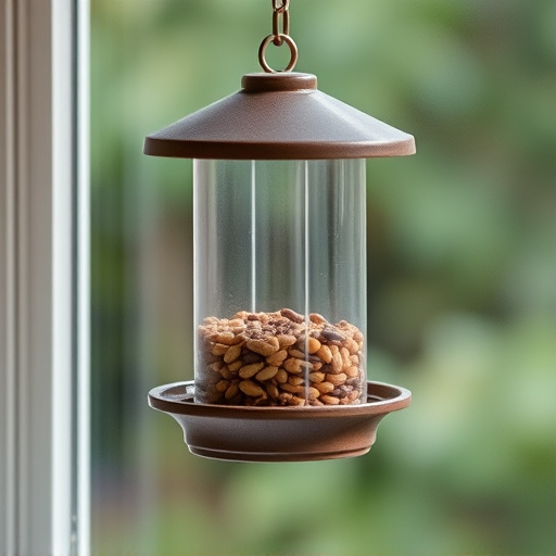 Window feeder filled with seeds outdoors