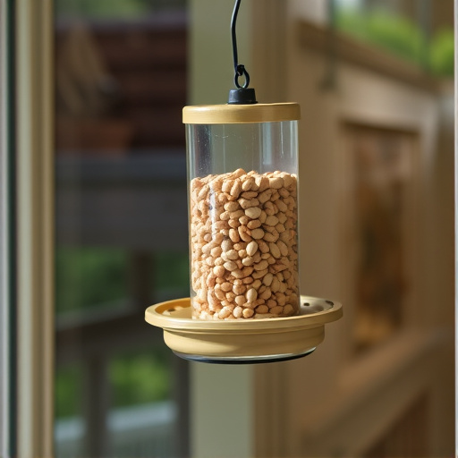 Window feeder filled with seeds outdoors