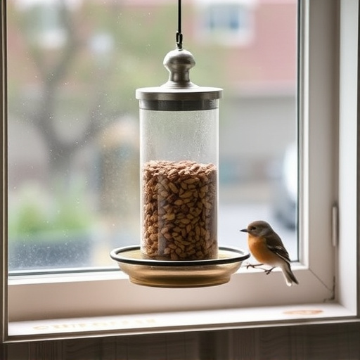 Window feeder filled with seeds outdoors