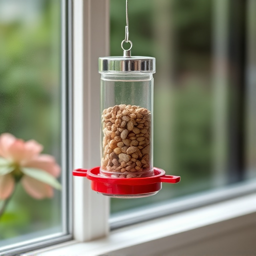 Window feeder filled with seeds outdoors