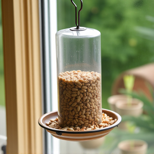 Window feeder filled with seeds outdoors