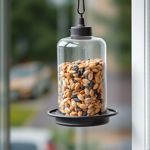 Window feeder filled with seeds outdoors