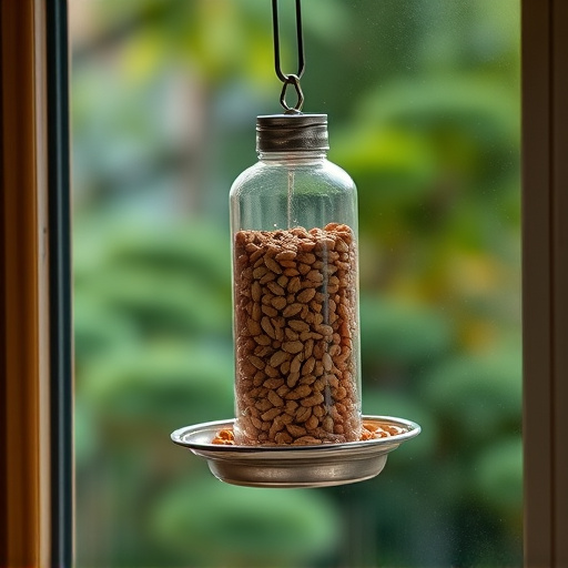 Window feeder filled with seeds outdoors