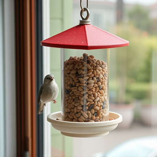 Window feeder filled with seeds outdoors