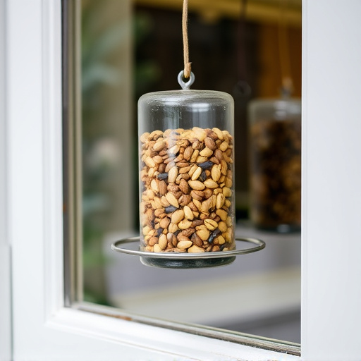 Window feeder filled with seeds outdoors