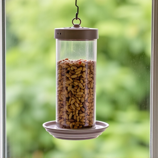Window feeder filled with seeds outdoors