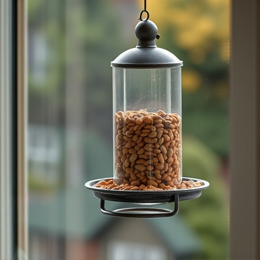 Window feeder filled with seeds outdoors