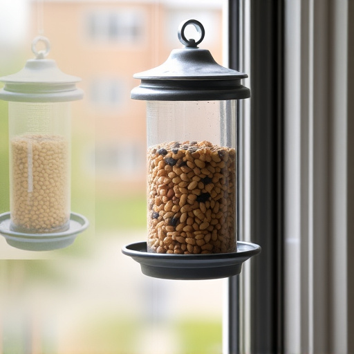 Window feeder filled with seeds outdoors