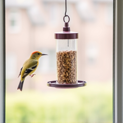 Window feeder filled with seeds outdoors