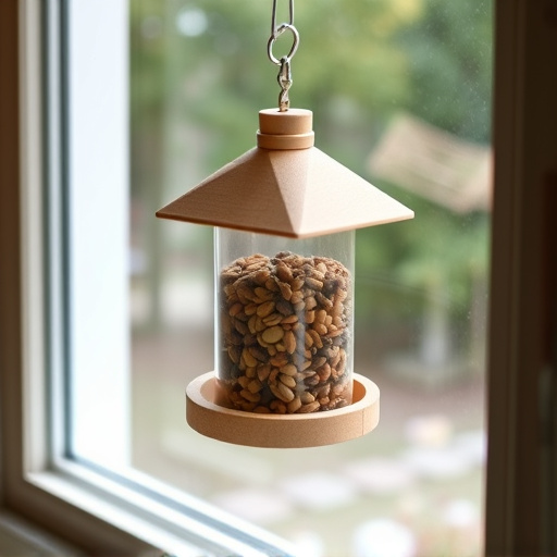 Window feeder filled with seeds outdoors