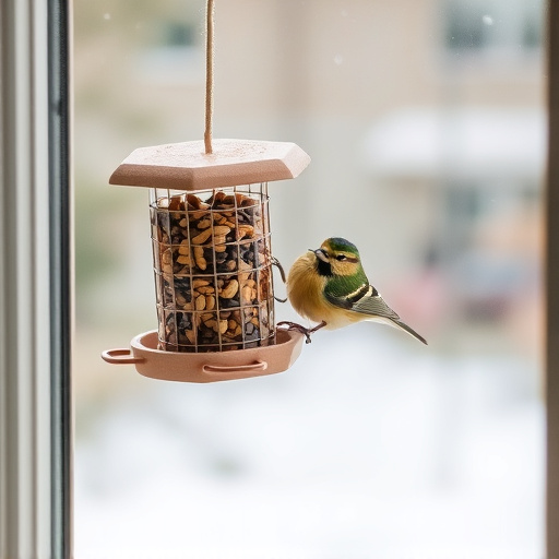 Window feeder filled with seeds outdoors