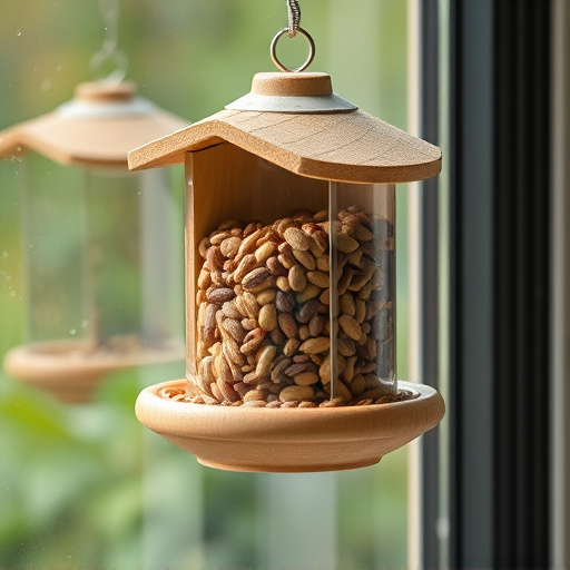 Window feeder filled with seeds outdoors