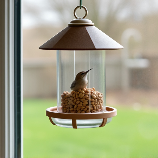 Window feeder filled with seeds outdoors
