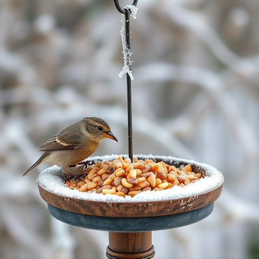 Winter bird food on frosty bird table