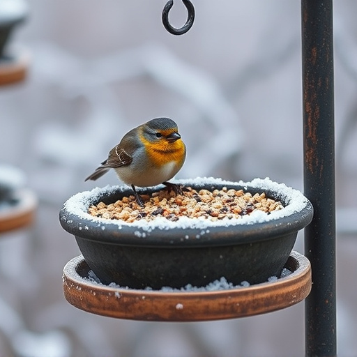 Winter bird food on frosty bird table