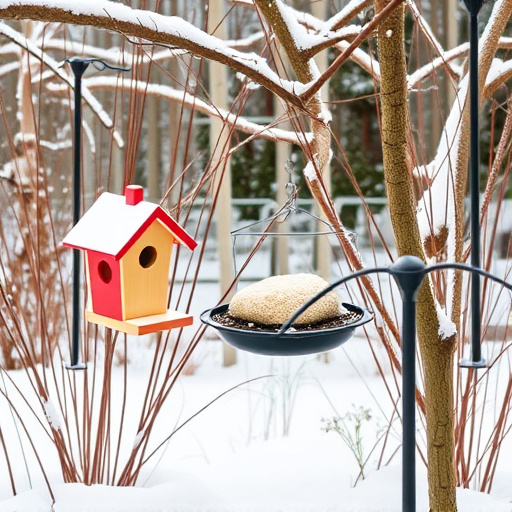 Winter garden scene with fat ball feeder