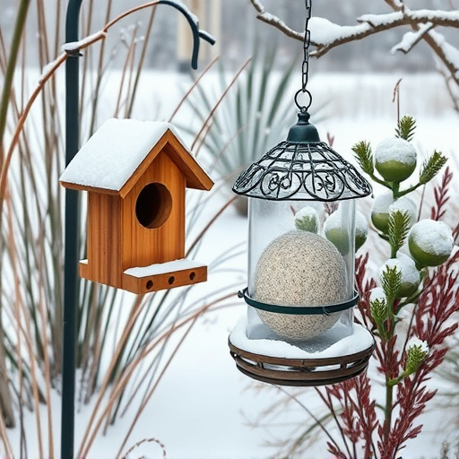 Winter garden scene with fat ball feeder