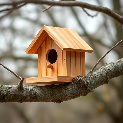 Wooden bird box on tree branch