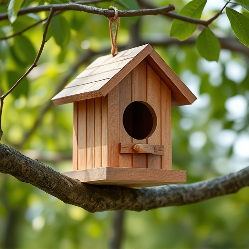Wooden bird box on tree branch